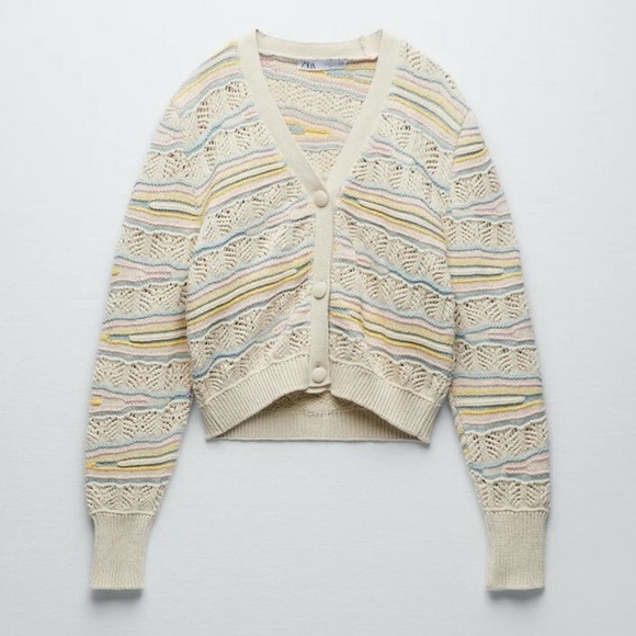 Zara Sweaters - Zara Multicolor Pointelle Knit V-Neck Cardigan Sweater Pastel Size Small